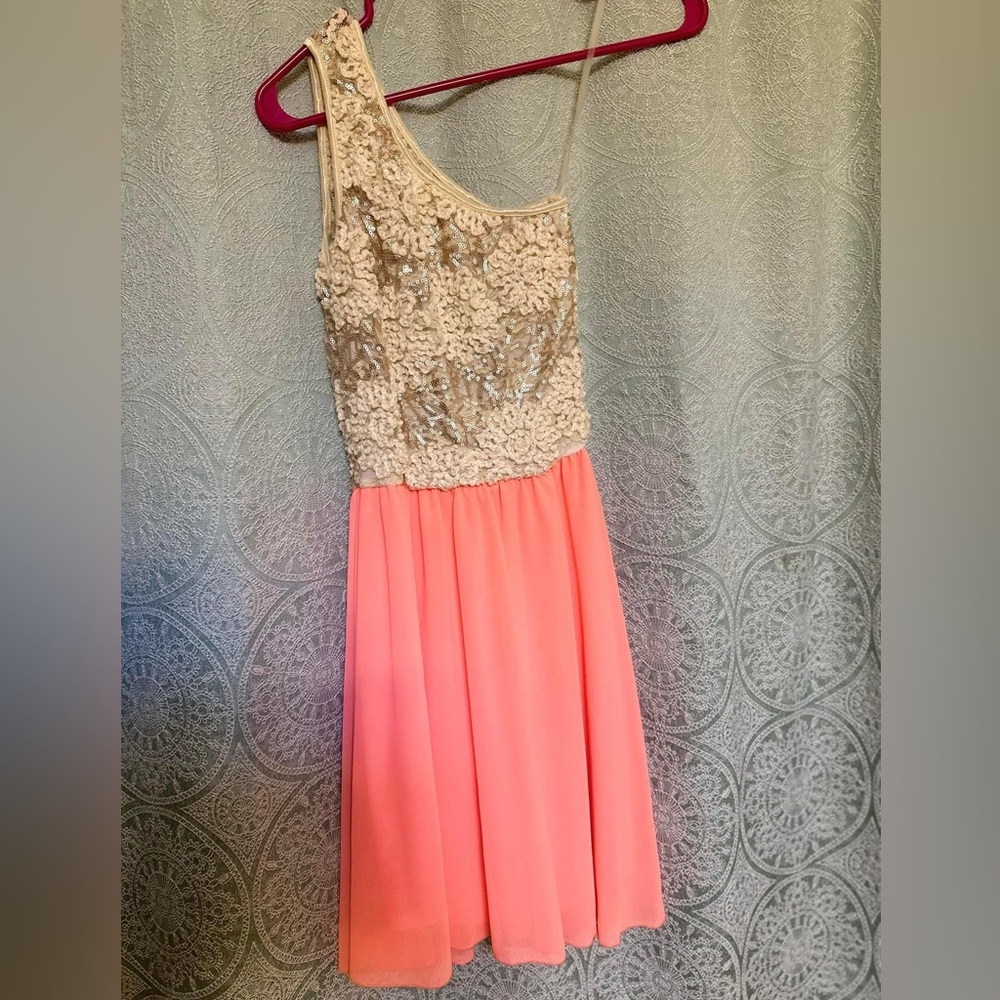 Gold/Coral One-shoulder dress